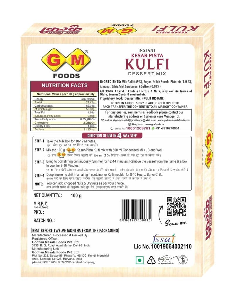 GM Foods Instant Kesar Pista Kulfi Dessert Mix Powder 100 Gram (Pack of 1) | Flavoured Milk Powder | With Badam & Pista Bits | Natural Taste & Flavour Ice Cream | No Artificial Colour & Preservatives view 2