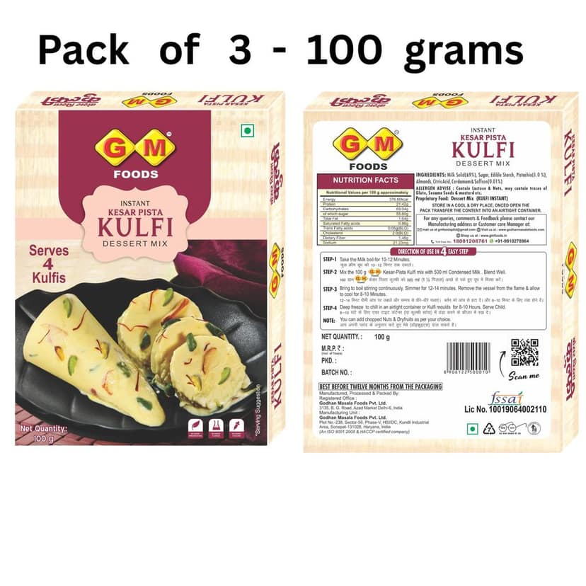 GM Foods Instant Kesar Pista Kulfi Dessert Mix Powder 100 Gram (Pack of 1) | Flavoured Milk Powder | With Badam & Pista Bits | Natural Taste & Flavour Ice Cream | No Artificial Colour & Preservatives view 7