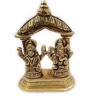 Brass Ganesh Laxmi Mandir For Pooja Decorative Showpiece - 10 cm (Brass, Gold)