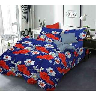 Black Bee Blue Bedsheet With Red And Grey Flower PrintDouble Bedsheet With 2 Pillow Covers (208 X 213 Cm)(Bs-07)