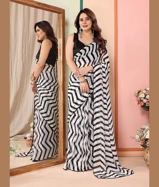 BLEESBURY Georgette Striped Saree With Unstitched Blouse Piece ( Black,White )