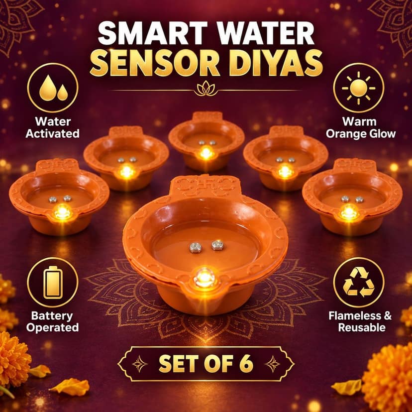 Water Sensor LED Diyas for Diwali and Pooja Decoration (6 Pc Set) view 3