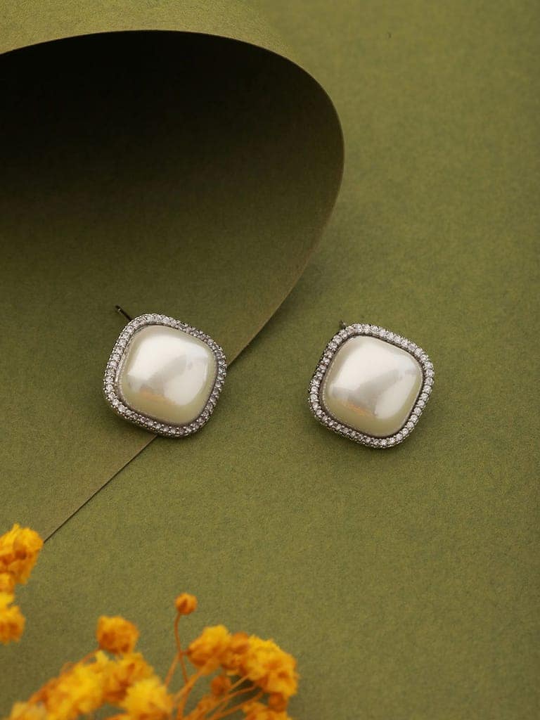 Silver Toned Pearl Minimal Square Studds Earring view 2
