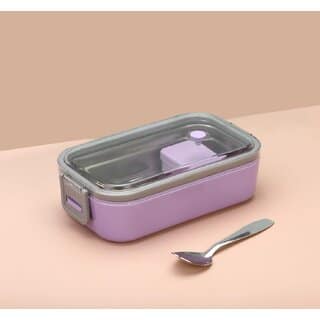 Rectangular Lunch Box for Kids Adults with Spoon, Transparent Lid, Secure Side Locks and Inner Mini Container, Reusable Tiffin Box for School, Office and Travel