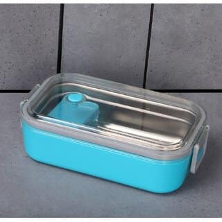Rectangular Lunch Box for Kids Adults with Spoon, Transparent Lid, Secure Side Locks and Inner Mini Container, Reusable Tiffin Box for School, Office and Travel view 2