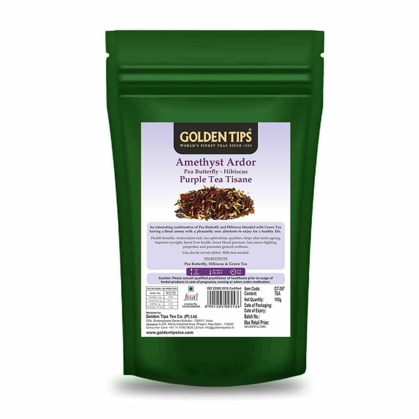 Golden Tips Blue Pea & Hibiscus Green Tea, Antioxidant-Rich Detox Tea, Floral & Refreshing Herbal Infusion, No Milk Needed, Enjoy Hot or Iced (100 Gram, 50 Cups)