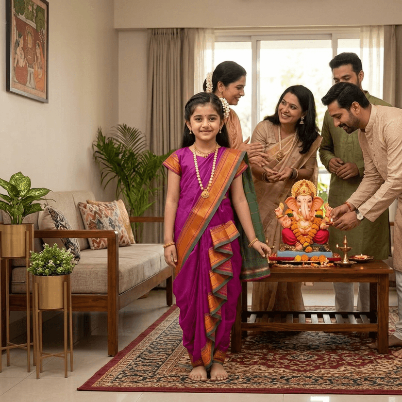 luster Shahi Mastani Nauvari saree for kids/girls Ready-to-wear with a stitched blouse, Traditional Maharashtrian Marathi saree, for School program ganpati pujas festival (Purple, 12-13 Years) view 3