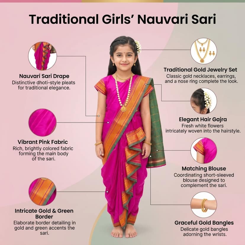 luster Shahi Mastani Nauvari saree for kids/girls Ready-to-wear with a stitched blouse, Traditional Maharashtrian Marathi saree, for School program ganpati pujas festival (Purple, 12-13 Years) view 4