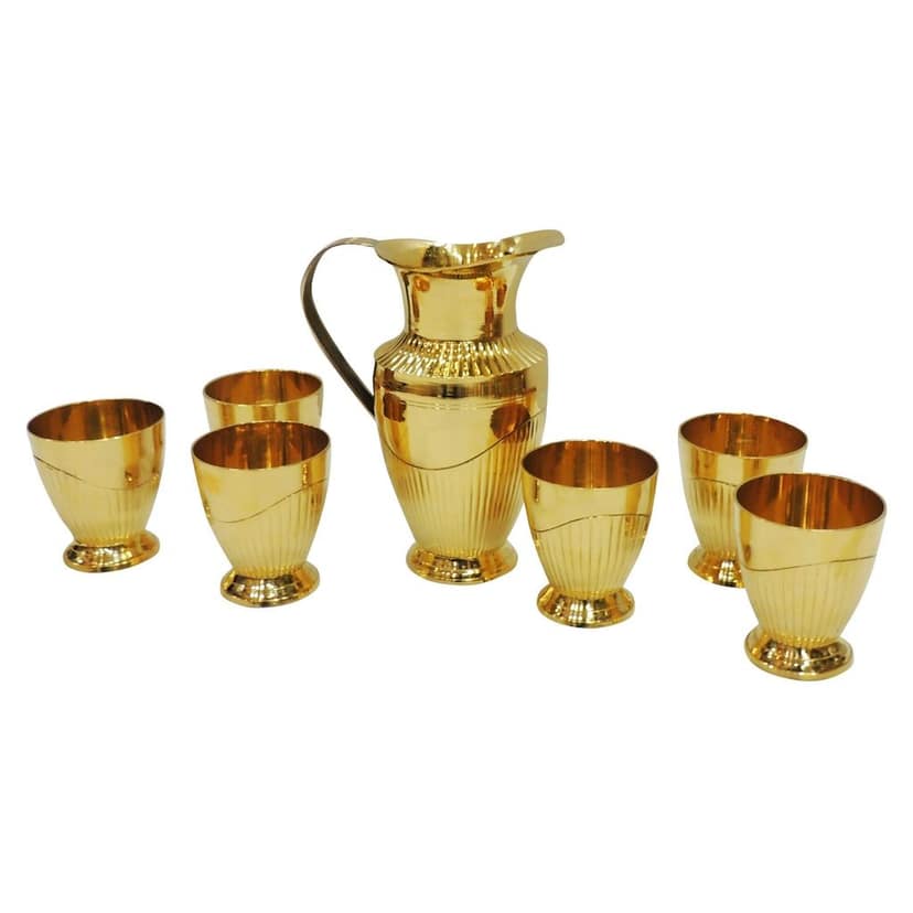 Brass Water Jug + 6 Glasses Set | Elegant Dining Beverage Set, Height : 8 Inch (ZMAS234 B) view 3