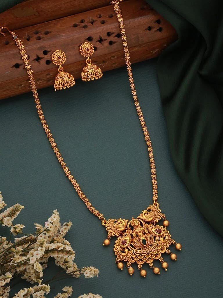 Antique Gold Polish Temple Lakshmiji Long Haram Mala Jewellery Set view 2