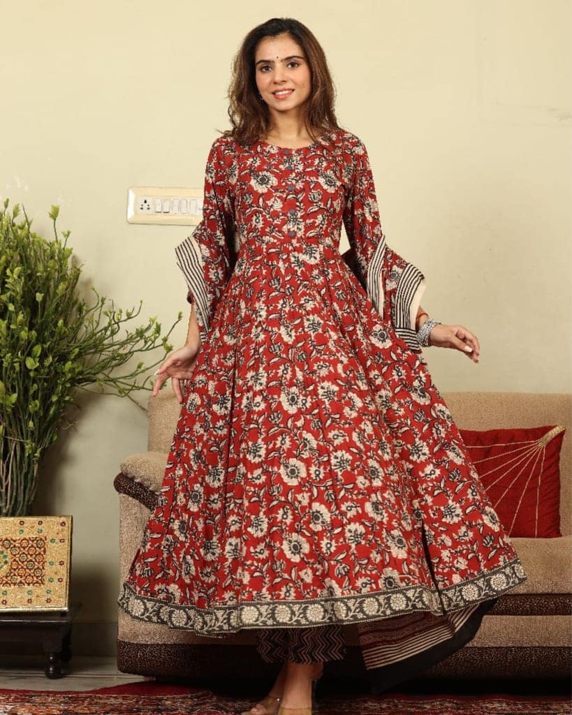 Anarakali Kurti Set Red Color Bagru Handblock print with Mulmul Dupatta-2815 view 2