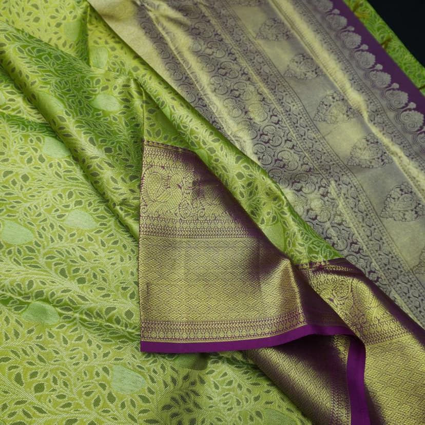 Exclusive Green and Purple Tissue Kanchipuram Wedding Silk Sari view 3