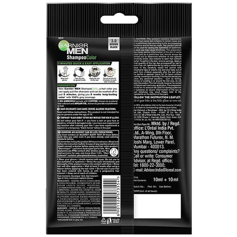 Garnier Men Shampoo Color Shade 3, 10 Ml + 10 Ml Brown Black view 2