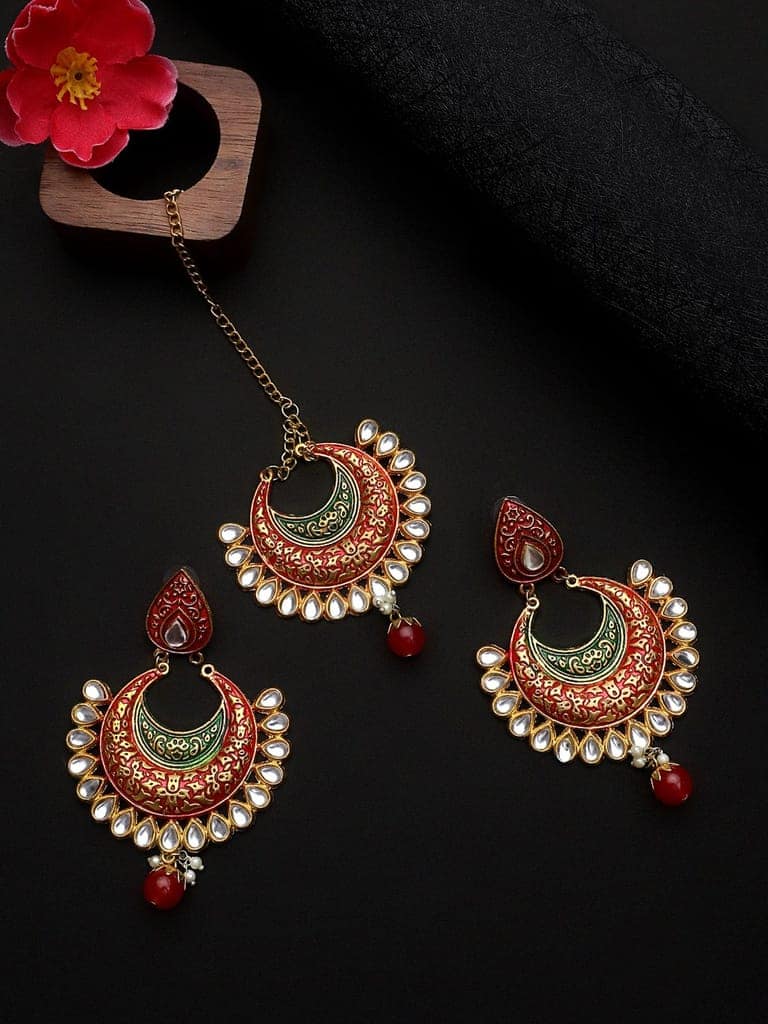 Cardinal Multicolor Minakari Kundan Maang Tika & Earrings view 2