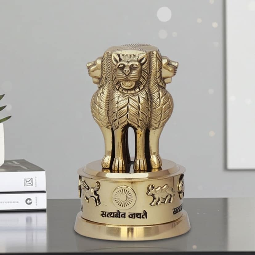 Brass Ashok Stambh Table Statue ? Heavy Decorative National Emblem, Height : 6.5 Inch (FMAS670 G)