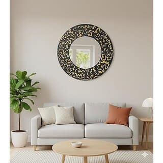 Round Wall Mirror with Gold Abstract Pattern Frame, Decorative Circle Mirror