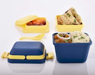 HAPPI Dieting Airtight Lunch Box Leak Proof with Push Lock Handle 3 Comparment with 1 Spoon Set Food Warmer Lunch Box Multipurpose Use (Multicolor)