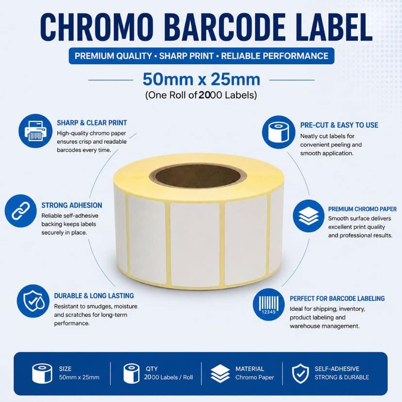 Chromo Barcode Labels – 50mm x 25mm | 2000 Labels per Roll | Self-Adhesive White Paper Label view 4