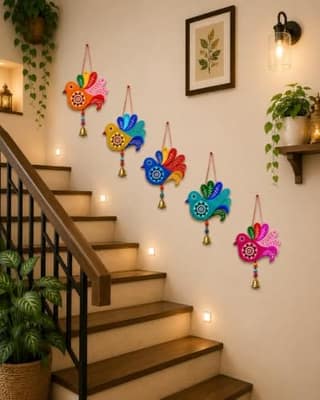 Handmade Multicolored Stylish 5 Birds wall Hanging for Home Decor, Garden,Balcony,Festival Decorative,Diwali Home