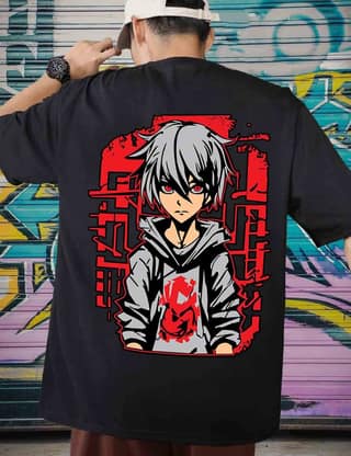 SCOTT FINCHER Men's Black anime t-shirt featuring a graphic of a boy with white hair and red eyes : AA(ARN)BLACK_177