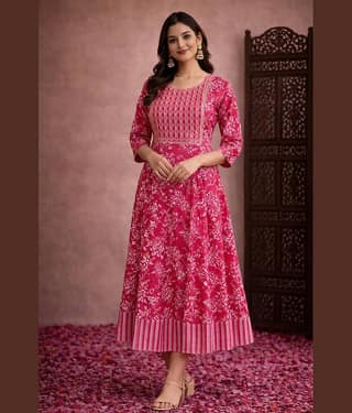 Aarika Women Cotton Blend Embroidered Fit & Flare Dress ( Pink )