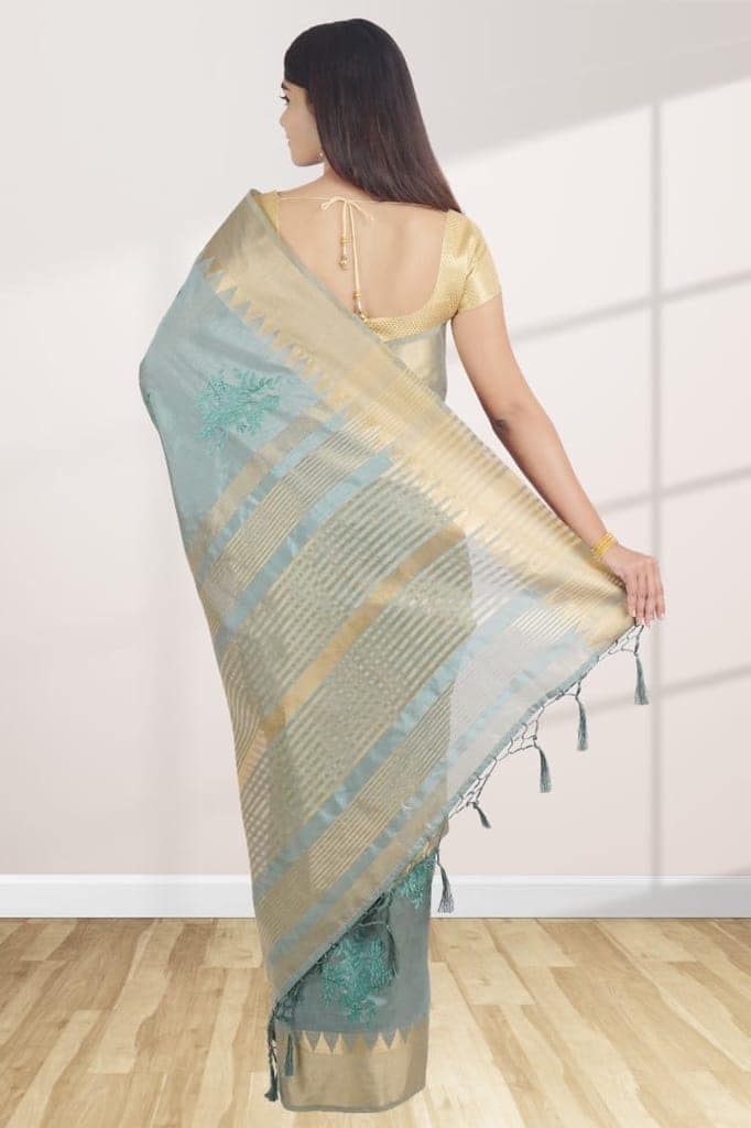 Peacock Green Linen Saree With Embroidery view 2