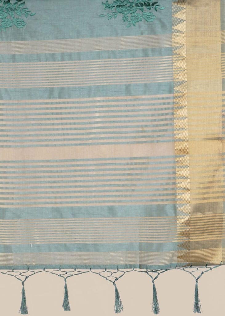 Peacock Green Linen Saree With Embroidery view 3