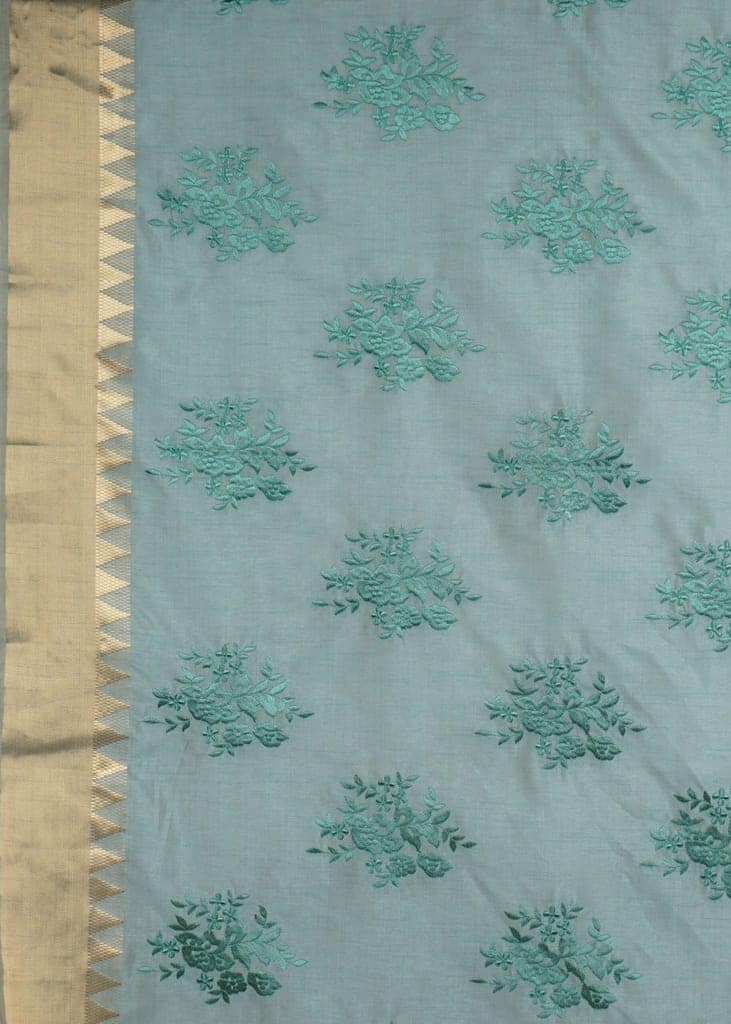 Peacock Green Linen Saree With Embroidery view 4
