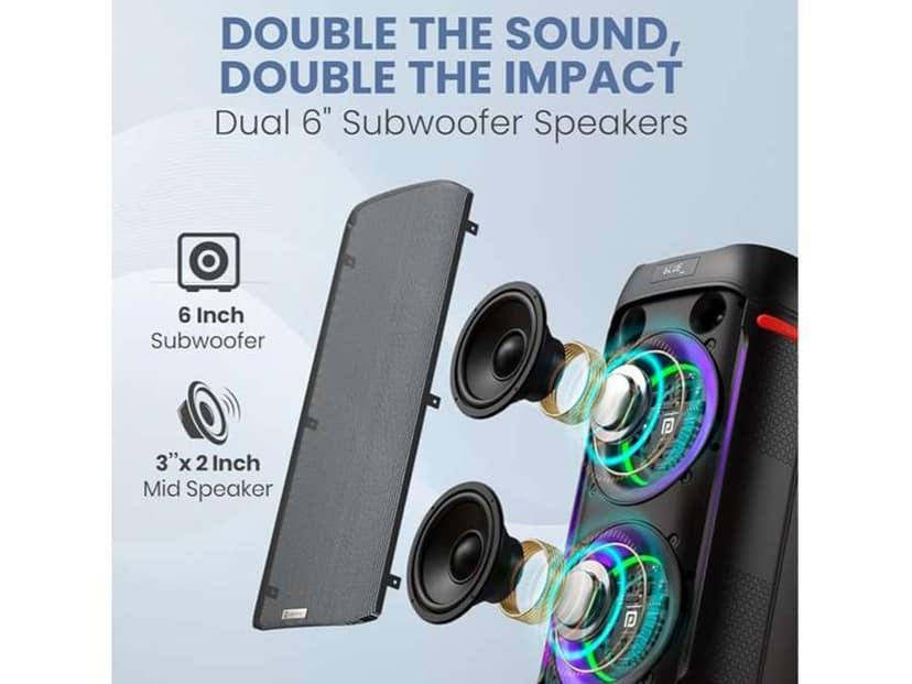 Portronics Iron Beats IV Dual 6 inch Subwoofer, RGB LED Lights, Wireless Karaoke Mic, Upto 4 Hours Playtime view 3