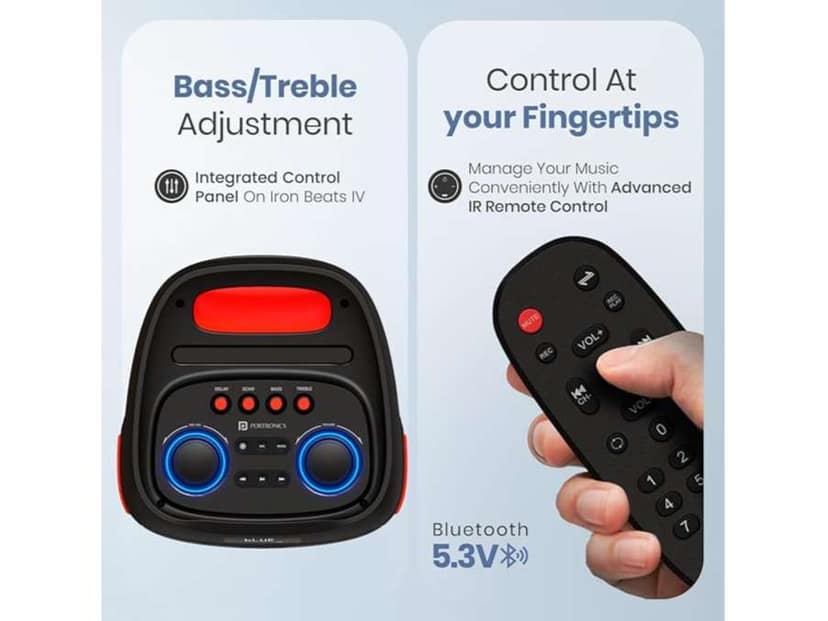 Portronics Iron Beats IV Dual 6 inch Subwoofer, RGB LED Lights, Wireless Karaoke Mic, Upto 4 Hours Playtime view 4