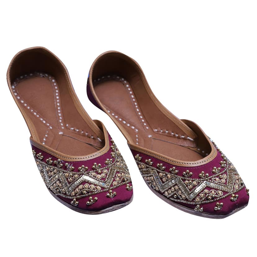 RSK ETHNIC WEAR, Wine Color Embroidered Handmade Jutti for Women with Soft Leather and Double Cushion view 4