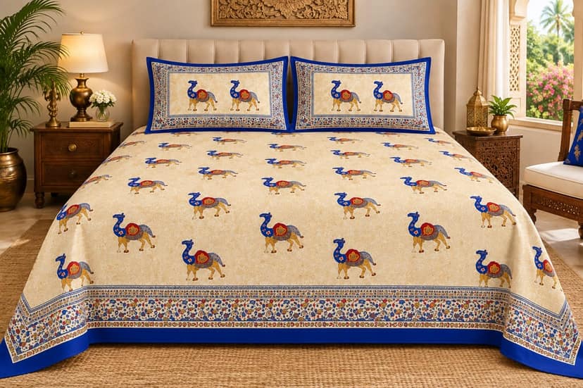 Jaipur Traditional Heritage Cotton King Size Bedsheets 90x108 Inches, 2 Pillow Covers , Royal Luxury Heritage, Camel Hand Block Print Appaearance, 144 TC-1 Set( 3Pcs in 1 Set) Available Colour Pink City Red)