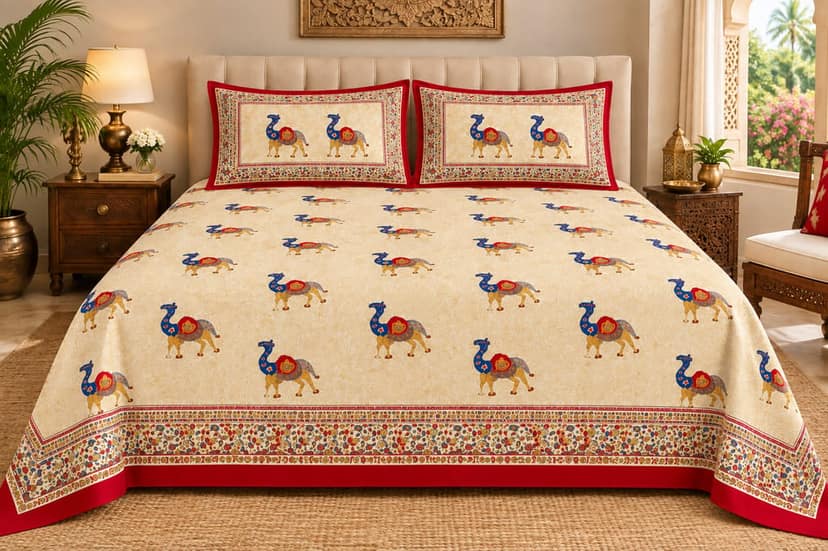 Jaipur Traditional Heritage Cotton King Size Bedsheets 90x108 Inches, 2 Pillow Covers , Royal Luxury Heritage, Camel Hand Block Print Appaearance, 144 TC-1 Set( 3Pcs in 1 Set) Available Colour Pink City Red) view 2