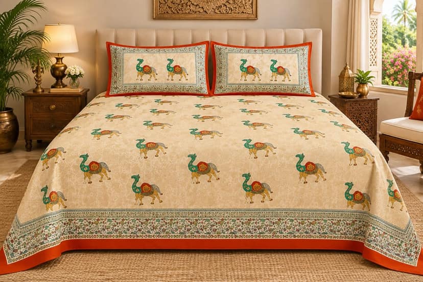 Jaipur Traditional Heritage Cotton King Size Bedsheets 90x108 Inches, 2 Pillow Covers , Royal Luxury Heritage, Camel Hand Block Print Appaearance, 144 TC-1 Set( 3Pcs in 1 Set) Available Colour Pink City Red) view 3