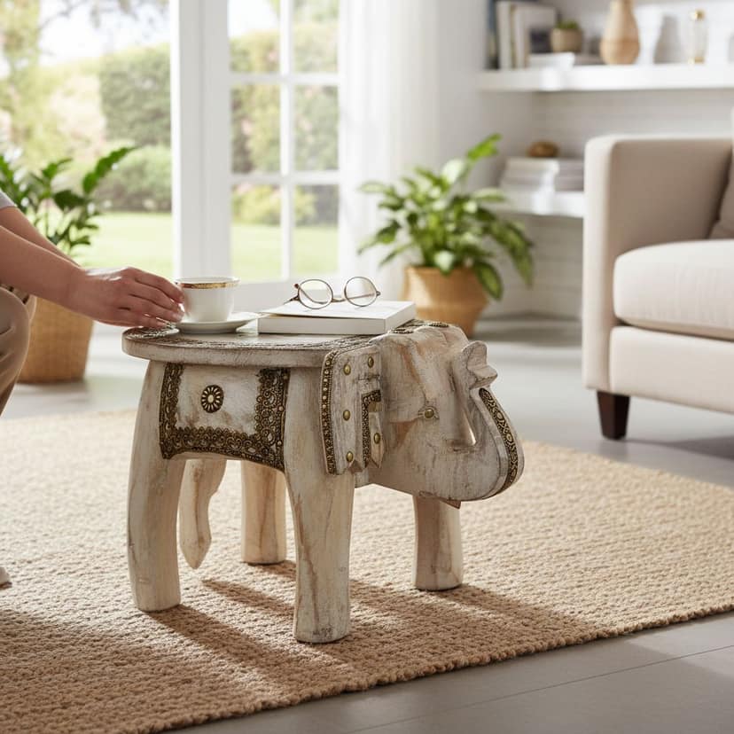 Wooden White Stool for Table Decor Art