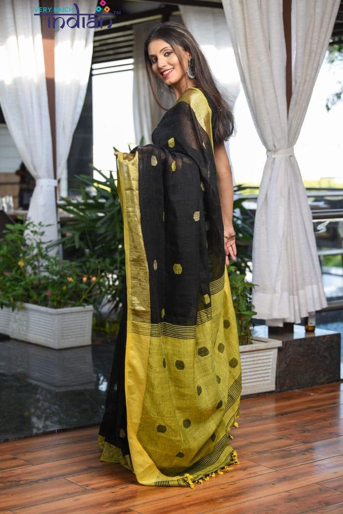 Pure Handwoven Organic Linen Black and Yellow Weave with Buttis