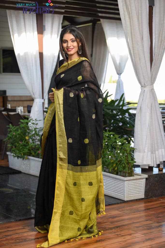 Pure Handwoven Organic Linen Black and Yellow Weave with Buttis view 2