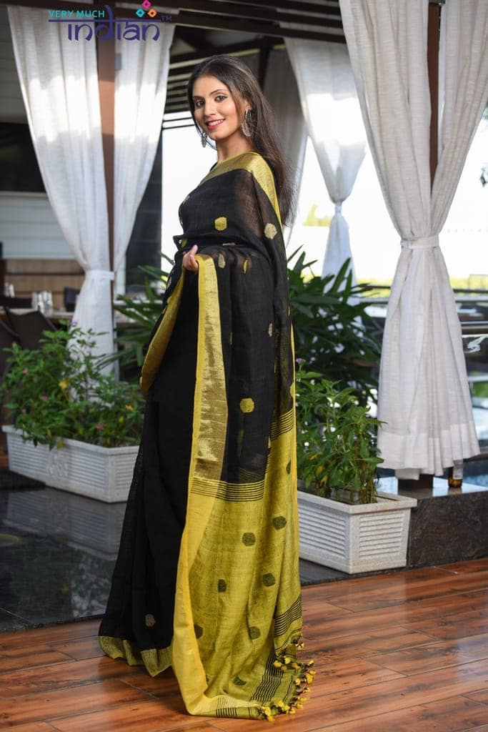 Pure Handwoven Organic Linen Black and Yellow Weave with Buttis view 3