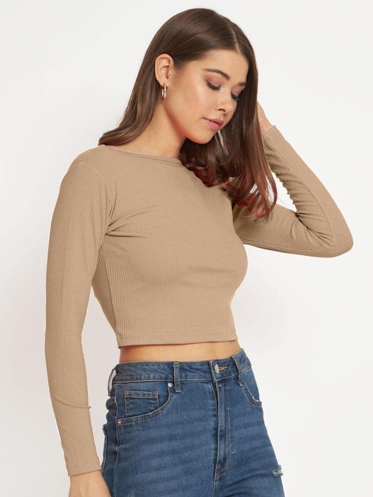 Women Light Brown cropped Full Sleeve T shirts view 3