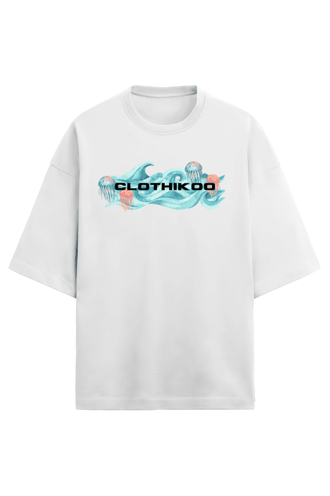 Clothikoo Oversized T-Shirt (JellyFish Print, 100% Cotton, 240 GSM, White Colour) view 2