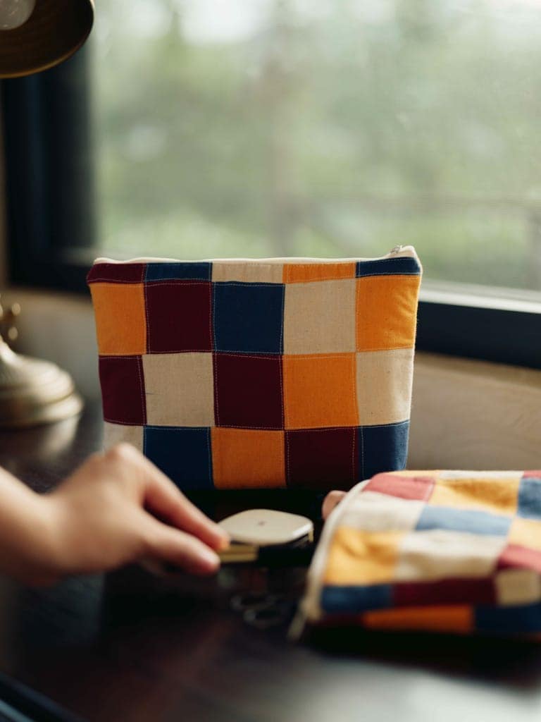Handcrafted Cotton Patchwork Quilted Pouch - Blue Yellow Burgundy view 2