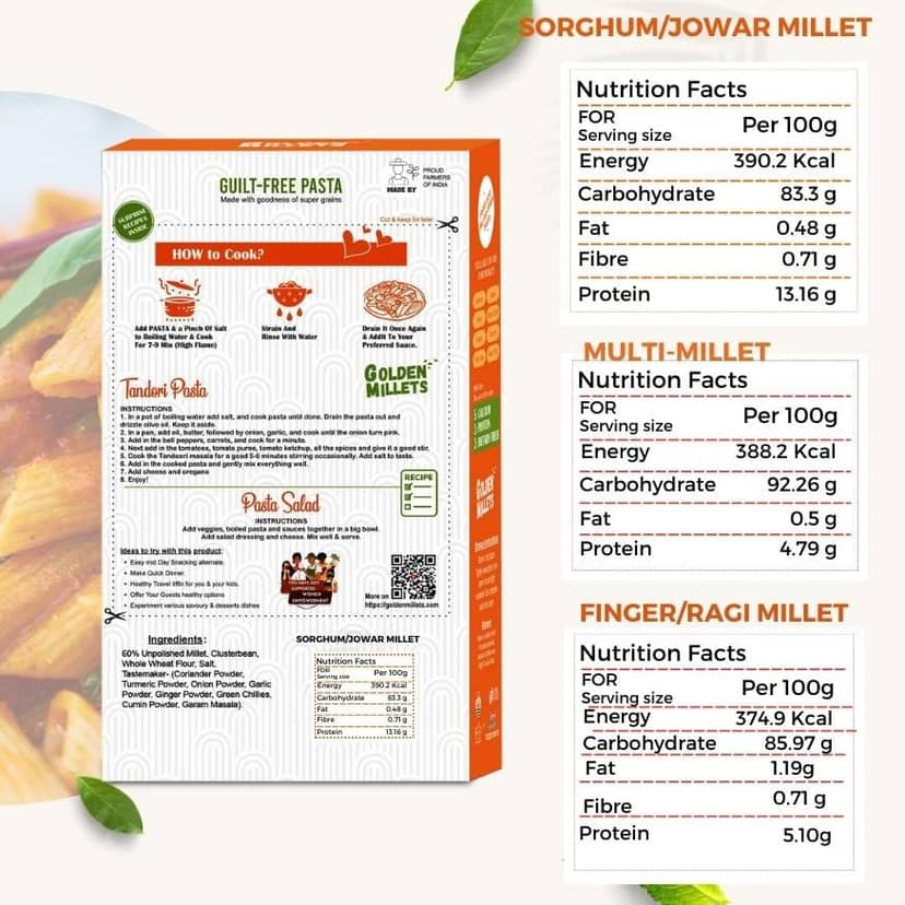 Golden Millets Kids Friendly Pasta Combo | No Maida | No Preservative | Jowar Millet Pasta | Ragi Millet Pasta | Multi Millet Pasta | Penne Pasta With Tastemaker Pack of 3,450g view 3
