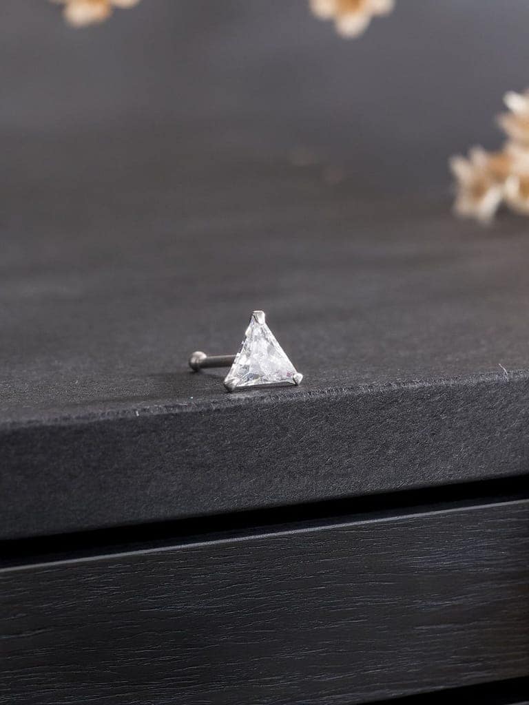 925 Sterling Silver Triangle Shaped AD Embellished Solitaire Shiny Nose Pin view 3