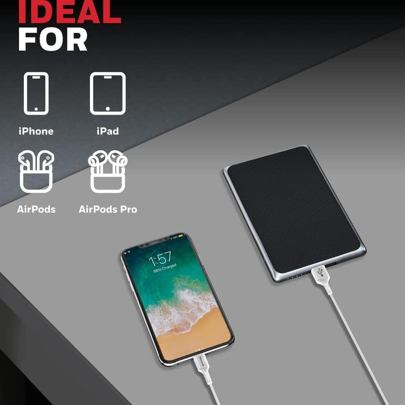 Honeywell USB to Lightning Silicone Fast Charge Cable for iPhone, Airpods etc, MFI, 1.8M - White view 3