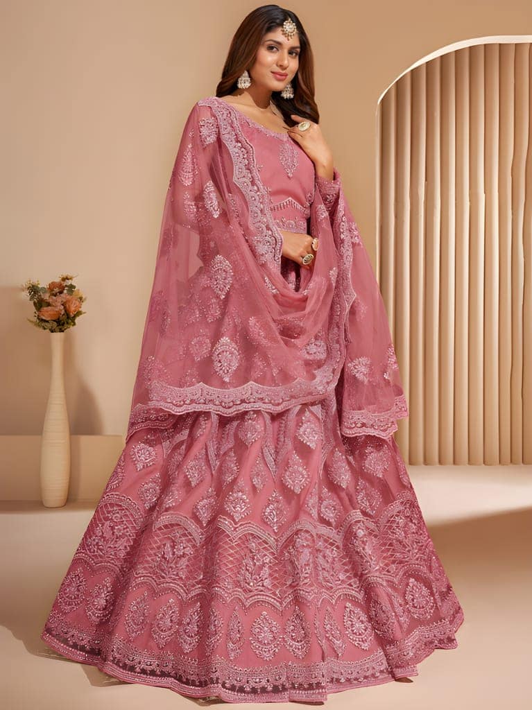Fancy Floral Thread Work Semi-Stitched Lehenga | Unstitched Blouse with Inner Fabric | Stitched Dupatta | Traditional Party Wear (Original) view 4