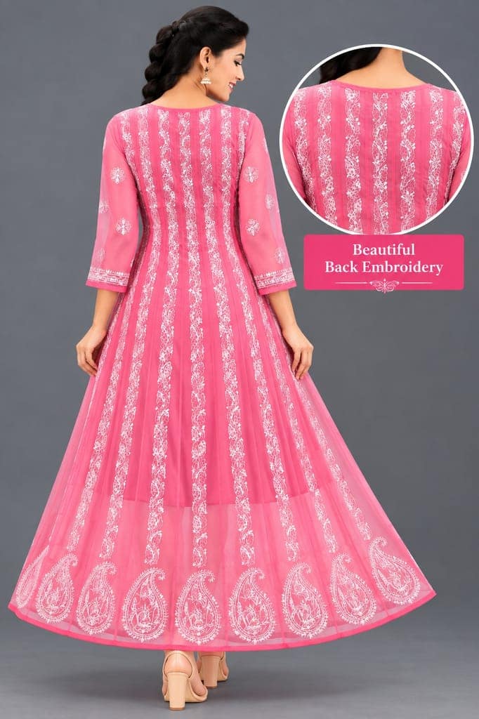 Mrs Right Women’s Lucknowi Chikankari Anarkali Kurta in Soft Georgette | Handcrafted Floral Embroidery | 3/4 Sleeves | 45 Inch Length | 74 Inch Flare | Festive Ethnic Wear view 4