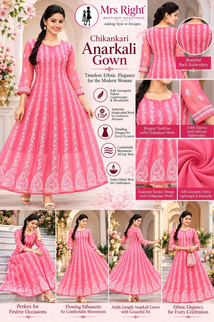 Mrs Right Women’s Lucknowi Chikankari Anarkali Kurta in Soft Georgette | Handcrafted Floral Embroidery | 3/4 Sleeves | 45 Inch Length | 74 Inch Flare | Festive Ethnic Wear view 6
