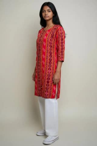 Sambalpuri Ikat Maroon Orange Cotton Kurti