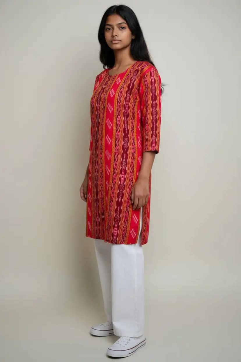Sambalpuri Ikat Maroon Orange Cotton Kurti