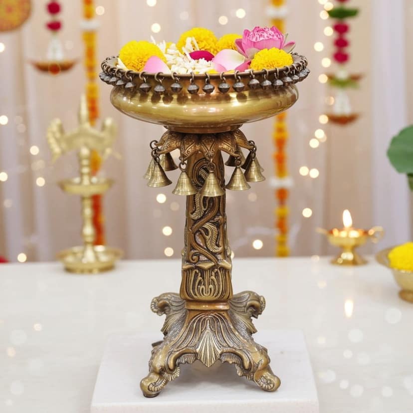 Brass Pillar Urli for Home Decor - Heavy Decorative Bowl, Diameter : 12 Inch (BSMAS1489 A)